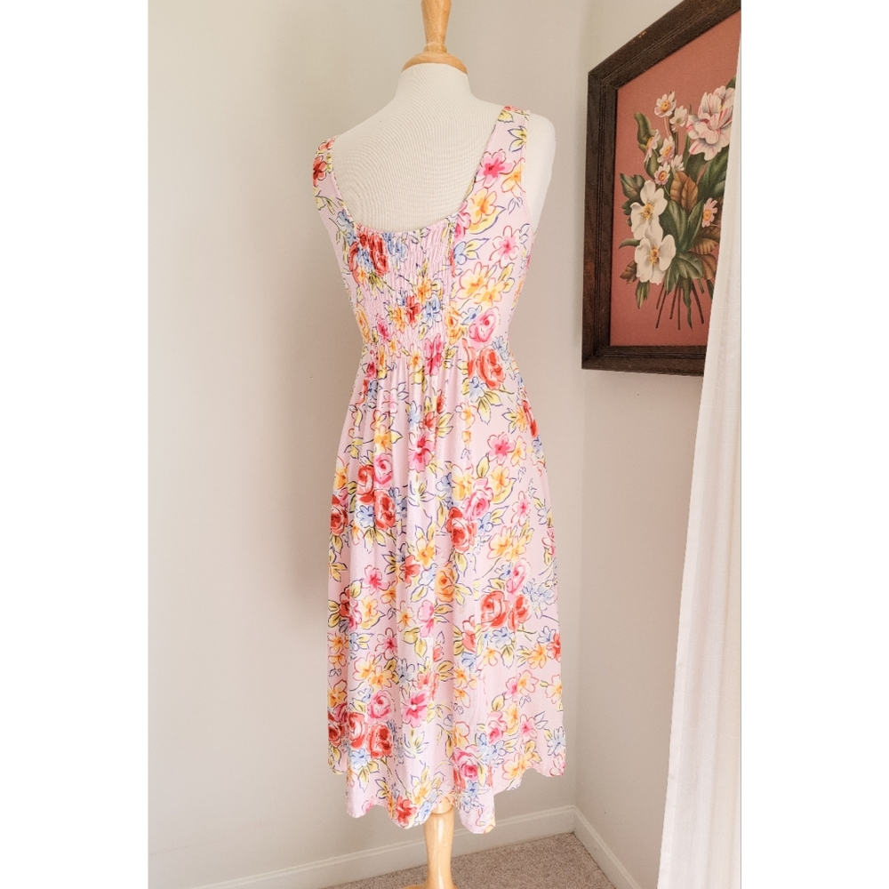 90s Pink Floral Button Front 1990s Vintage Fit & Flare Flowy Midi Length Dress - Picture 13 of 15